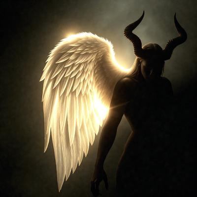 The primary subject of the image is a woman with horns, possibly a demon or a character from a fantasy story. She is standing in a dark room, with a bright light illuminating her face. The setting appears to be a nighttime scene, with the woman being the main focus of the image. The visual style is a combination of photo and digital art, creating a unique and intriguing atmosphere. The colors in the image are predominantly dark, with the bright light on the woman's face being the main source